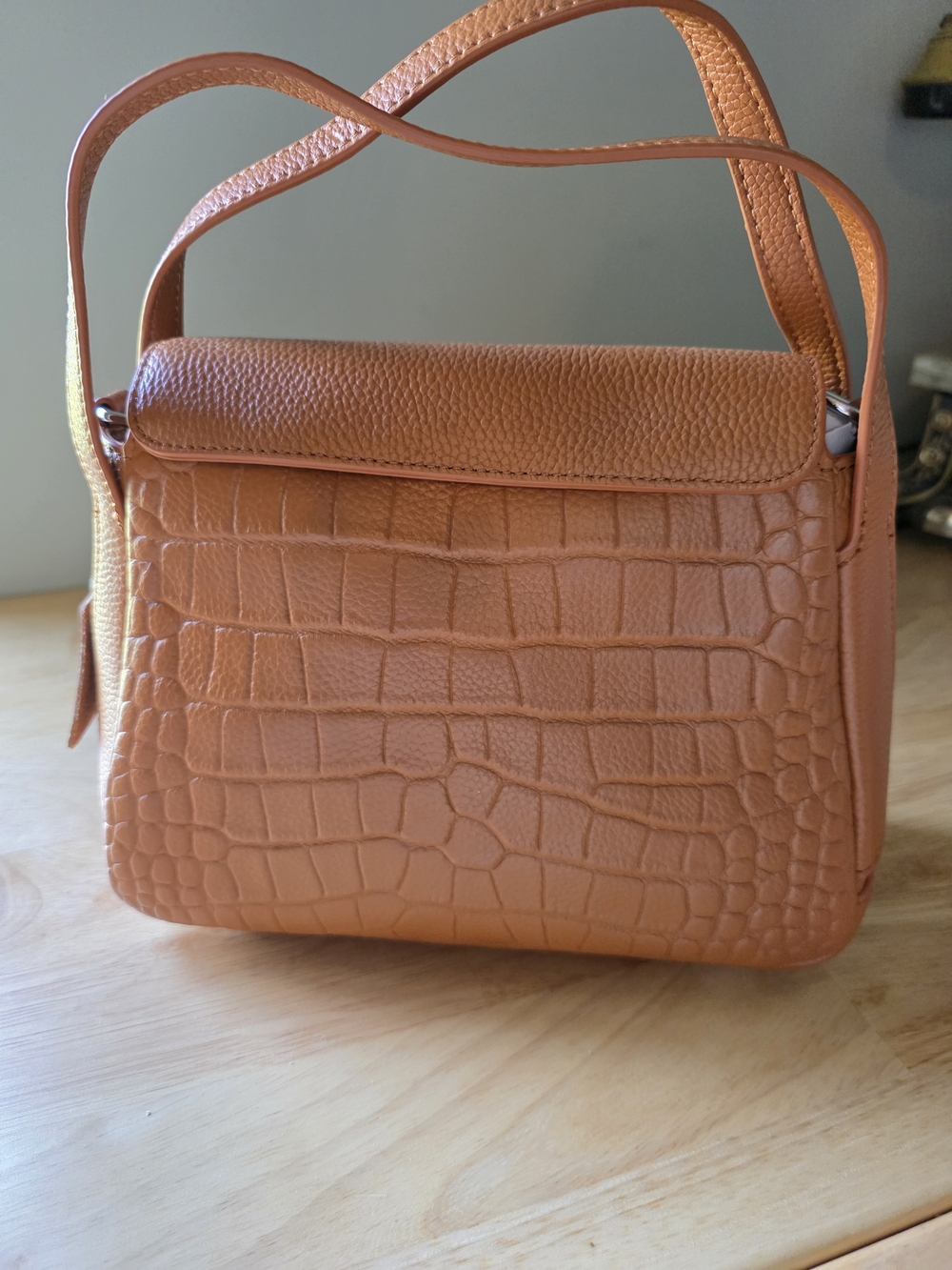 Orange Croc-Embossed Leather Shoulder Bag